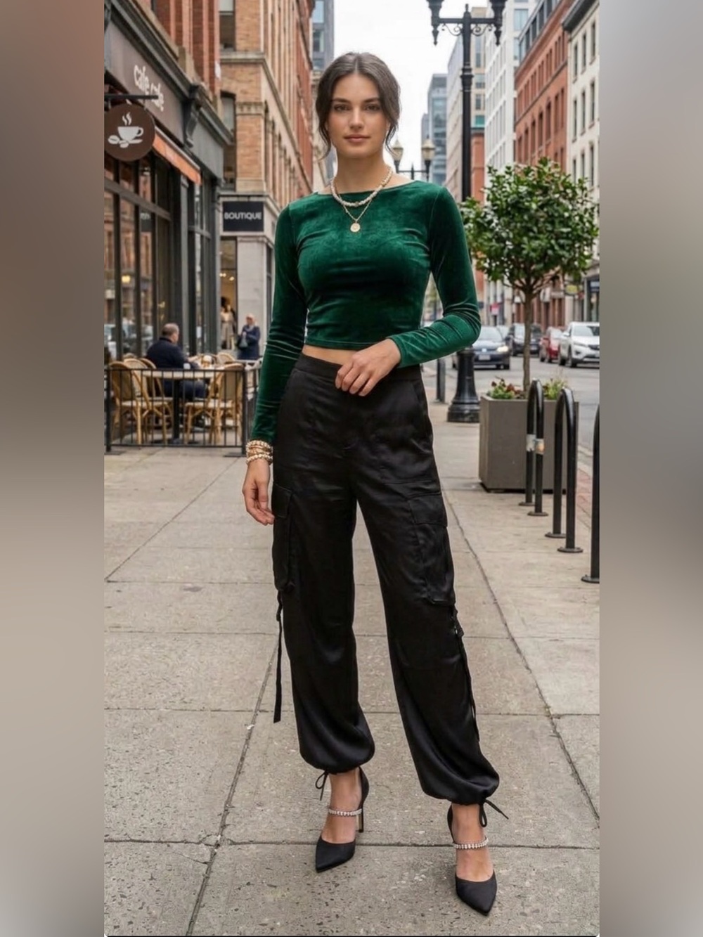 ZARA Black Satin Cargo Wide-Leg Pants